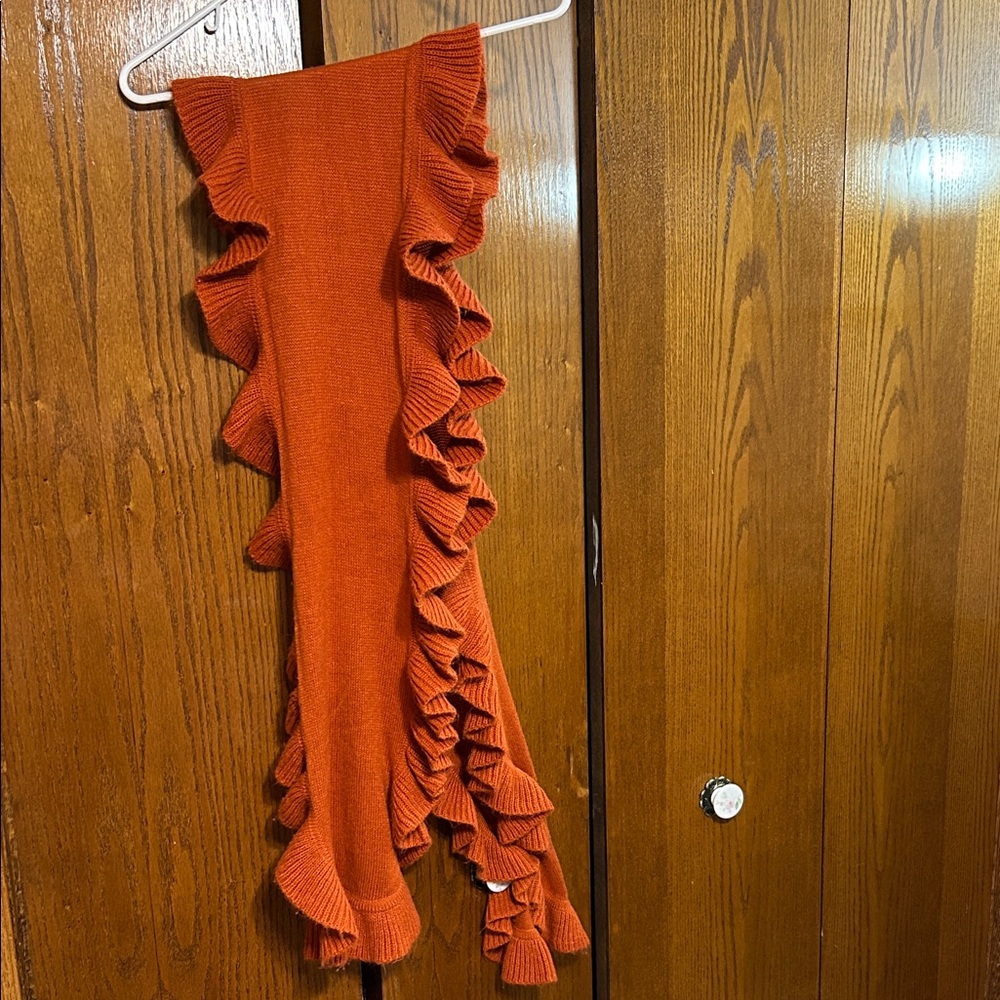 Ruffled flouncy burnt pumpkin  Orange sweater  Knit wrap around Scarf shawl